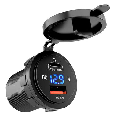YJ-DS2026 36W Fast Type-C + PD3.0  Quick Charge 3.0 USB Car Charger Socket with LED Digital Voltmeter